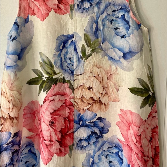 Lungo L’Arno 100% Linen Peony Floral Dress L Sleeveless Made in Italy - Picture 5 of 7